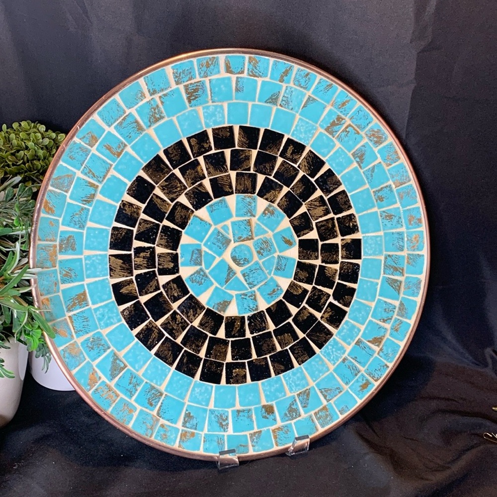 MCM / Vintage 16” turquoise, brown & gold mosaic tile wall hanging / platter
